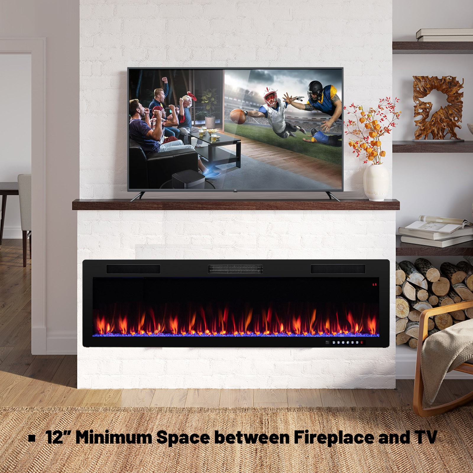 60" Linear Electric Fireplace 1500W Recessed Wall-Mounted w/ Multi-Color Flame