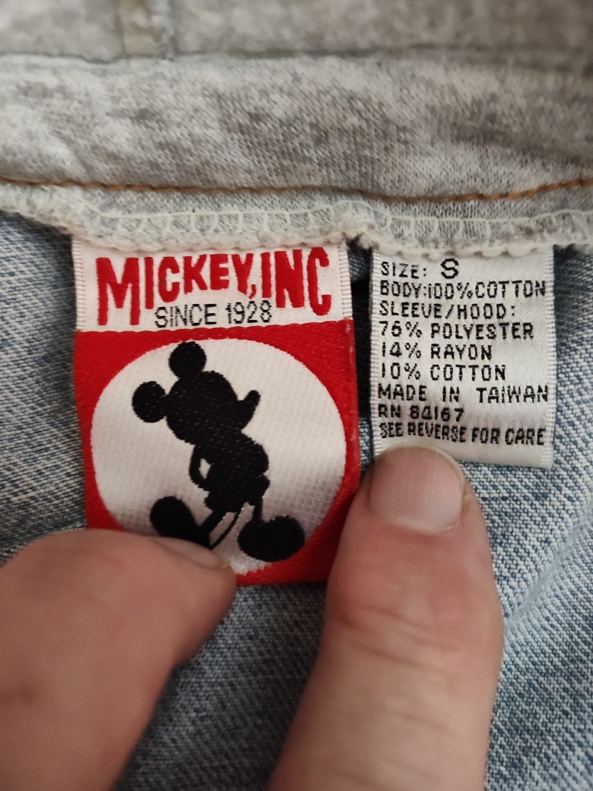Disney Mickey Inc Jacket Small Denim Hoodie Trucker Embroidered Mouse VTG 90s