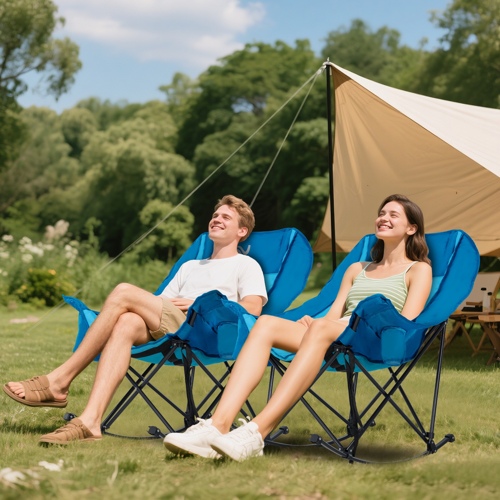 NAIZEA Rocking Chair Outdoor Folding Camping Chair with Cooler Bag Side Pocket