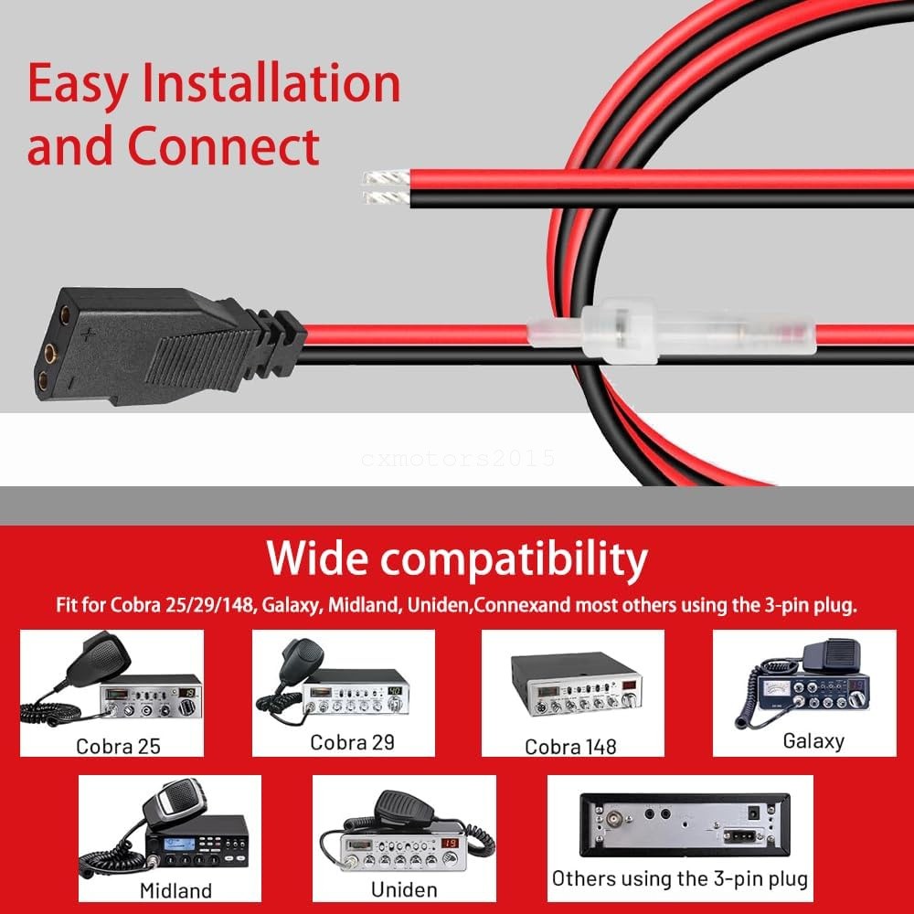 CB Radio Power Cord 3Pin Conector 16AWG Wire w/ 15A Fuse For Cobra Uniden Connex