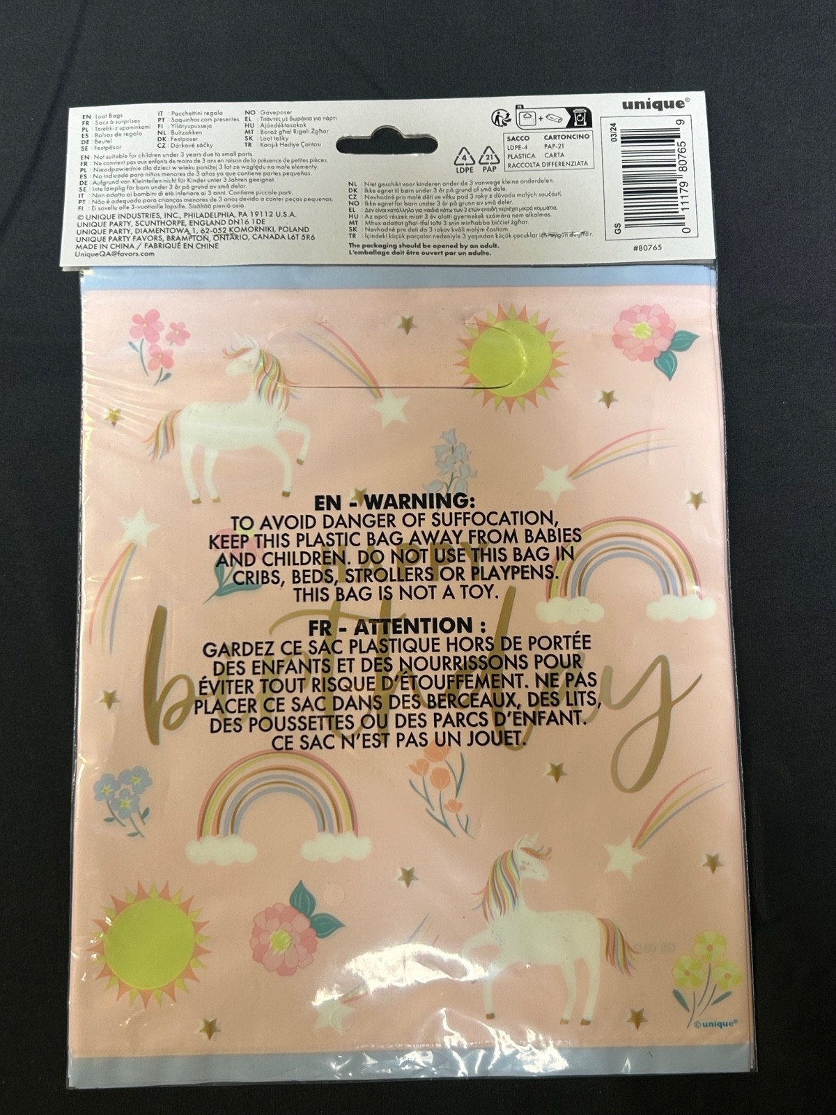 Happy Birthday Pink Unicorn Rainbows - Party Plastic Loot Bags - Pack of 8 - New