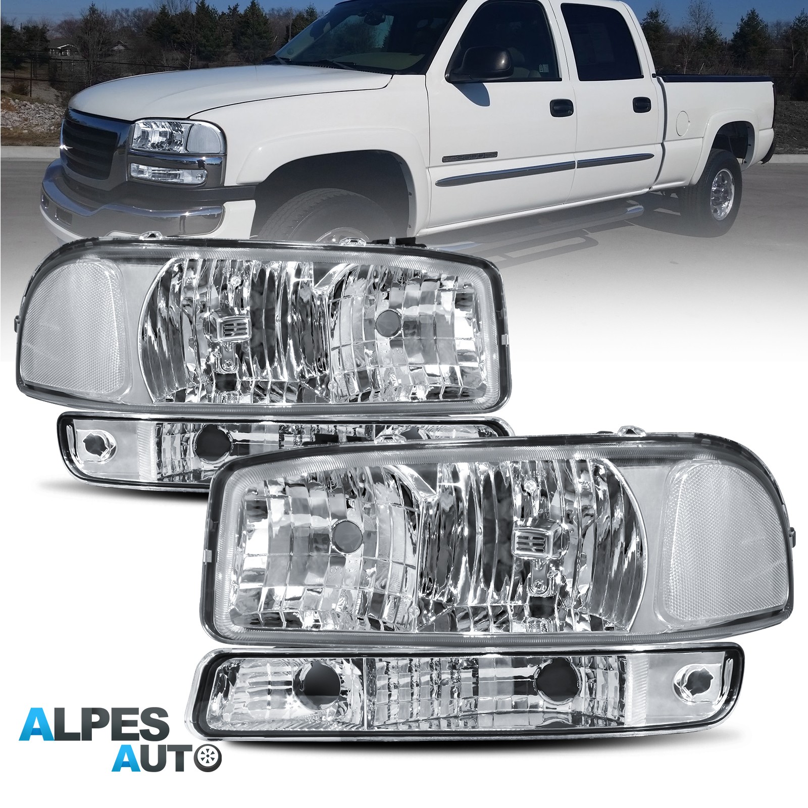 Pair Chrome Headlights w/ Bumper Lamps For 2000-2006 GMC Yukon Sierra 1500 2500