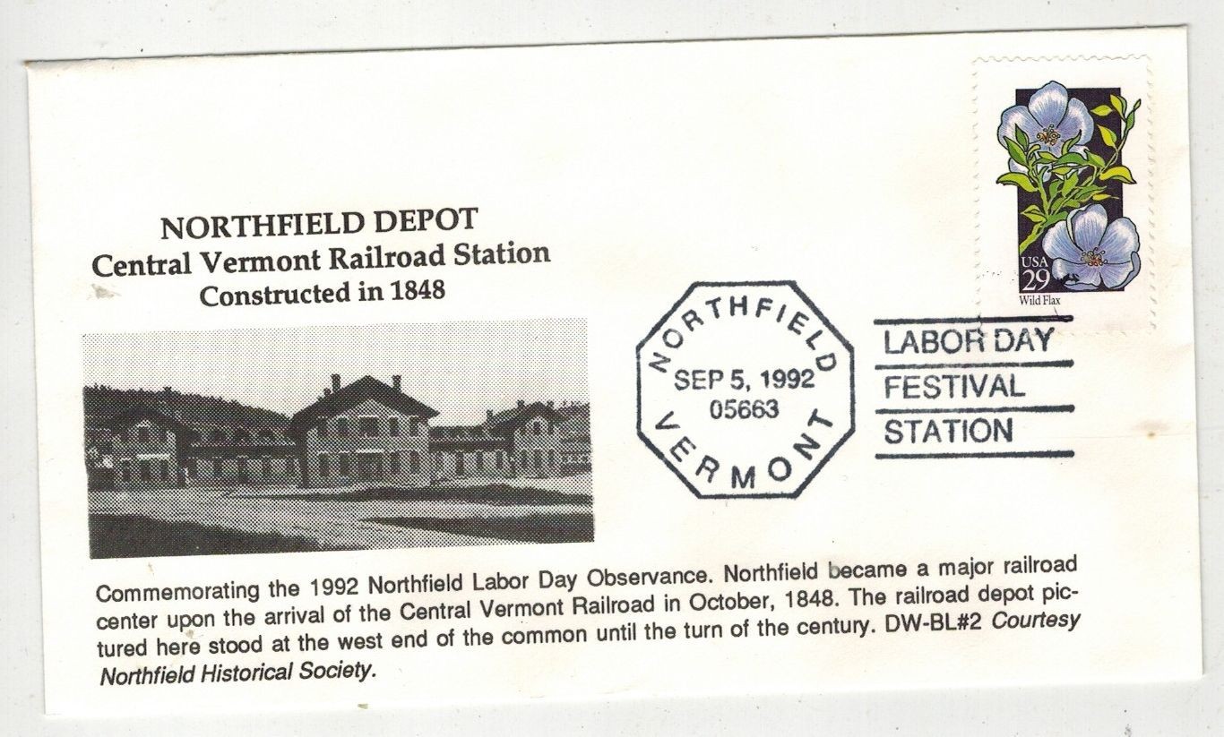 NORTHFIELD VT 1992 CENTRAL VERMONT & 1848 RAILROAD DEPOT STATION CACHET