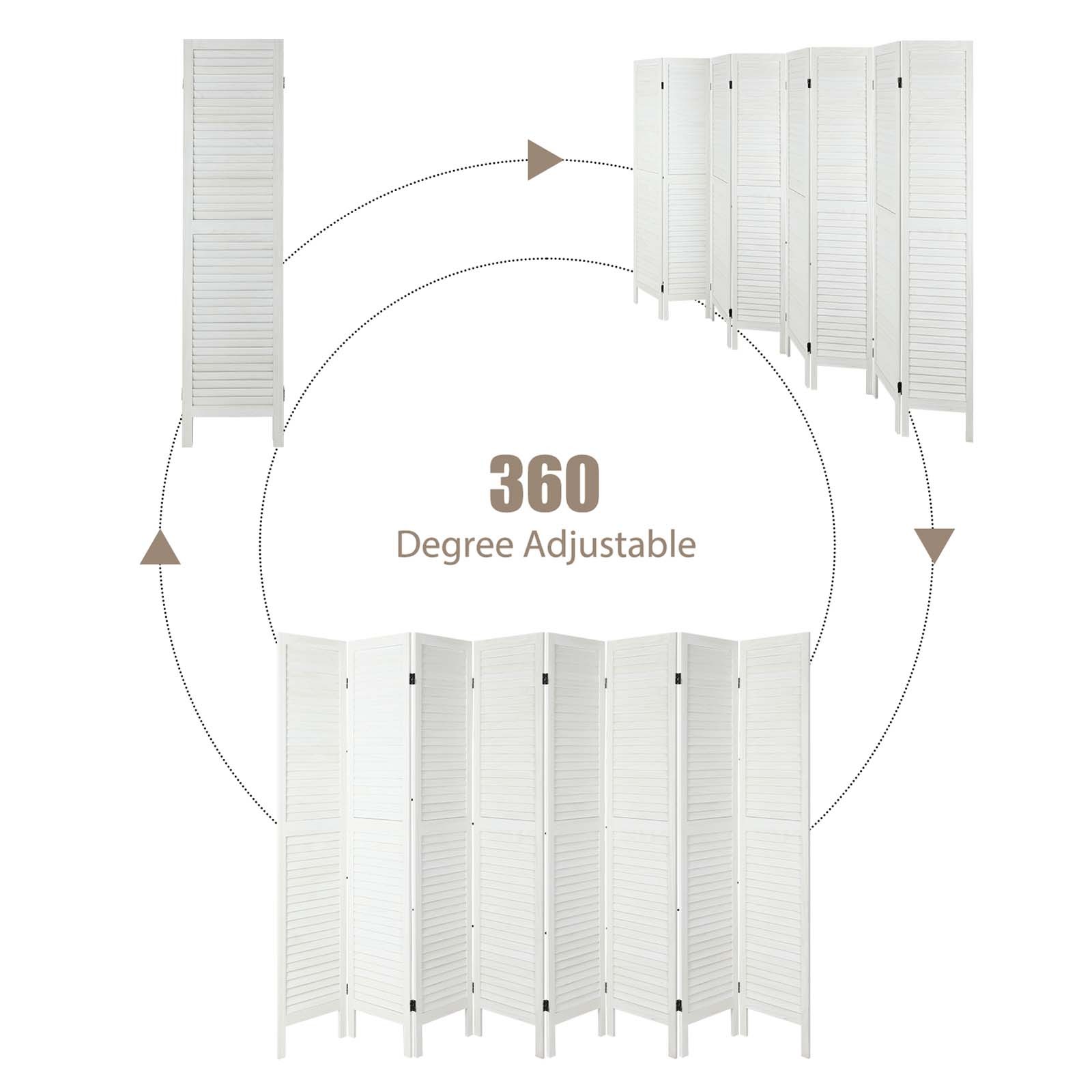 8 Panel Wood Room Divider Folding Privacy Screen Louvered Partition Wall White
