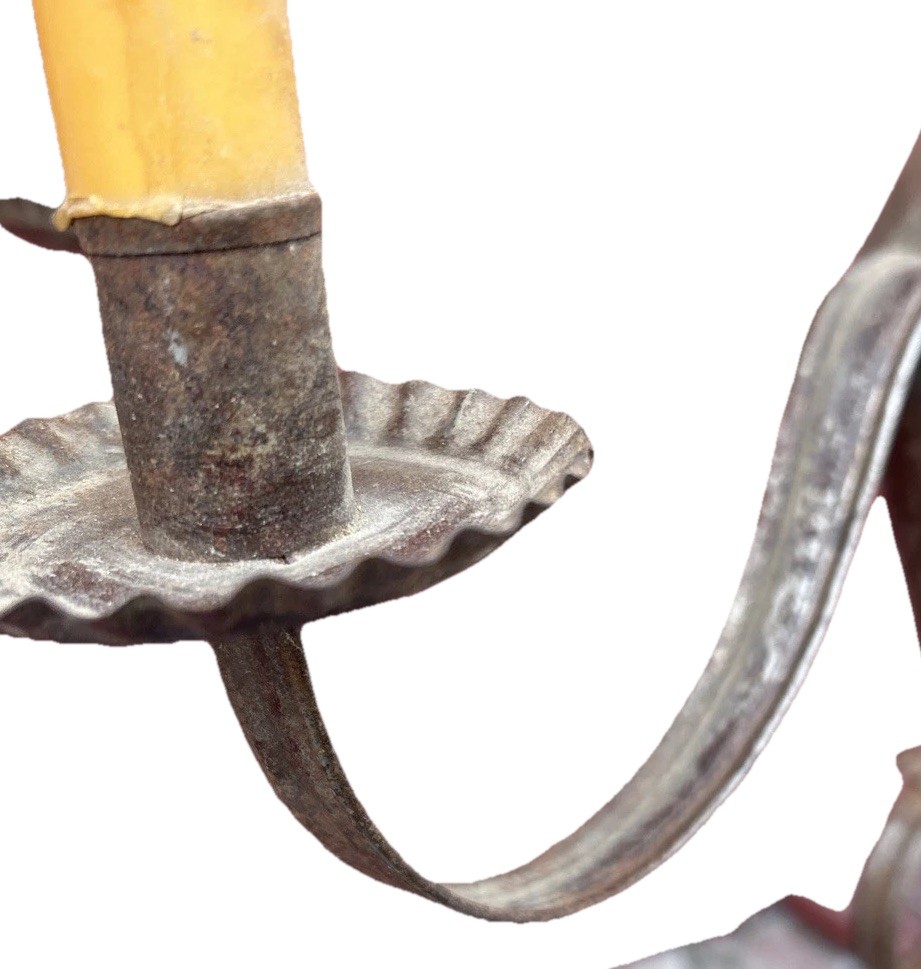 ANTIQUE HAND FORGED EARLY AMERICAN COLONIAL STYLE 6 ARM TIN CHANDELIER