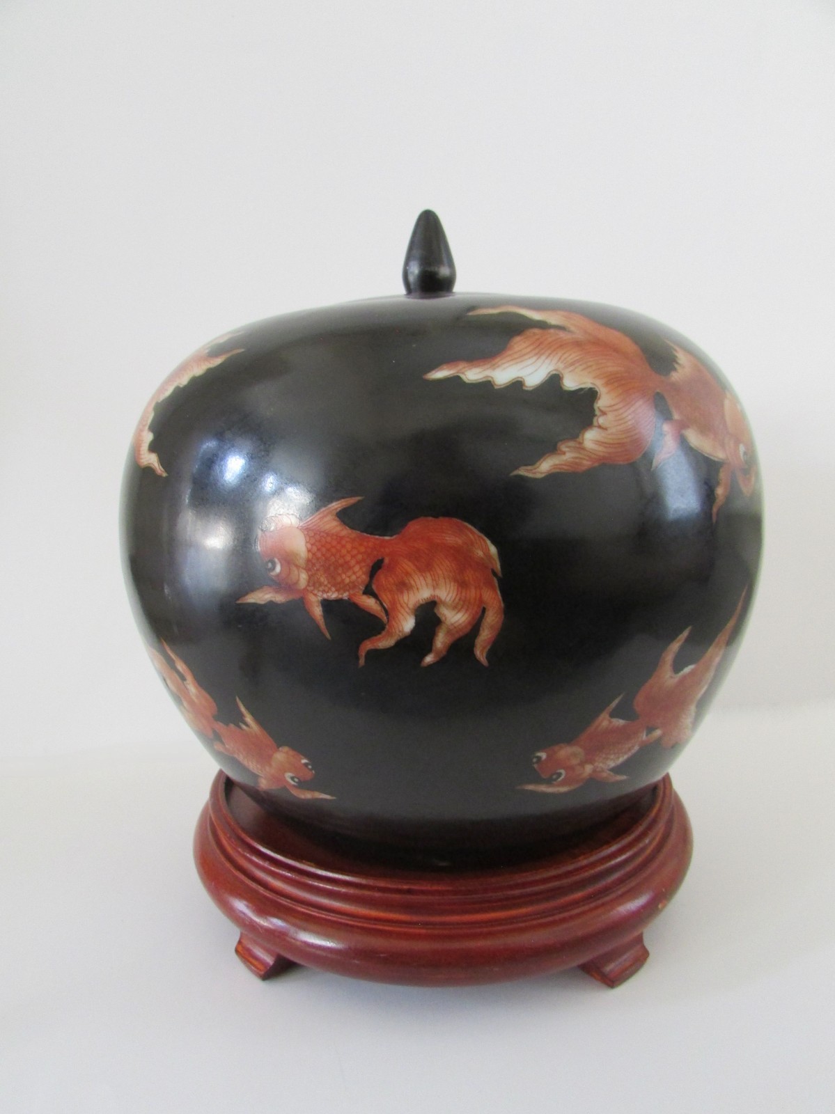 VTG Neiman Marcus Hong Kong Asian Chinoiserie Black Koi Qing Ginger Jar