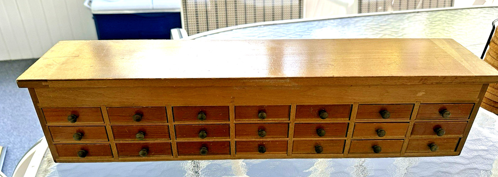 Antique MAPLE? 21 DRAWER WATCHMAKER'S CABINET CHEST CASE BOX W/ VIALS/ BOTTLES