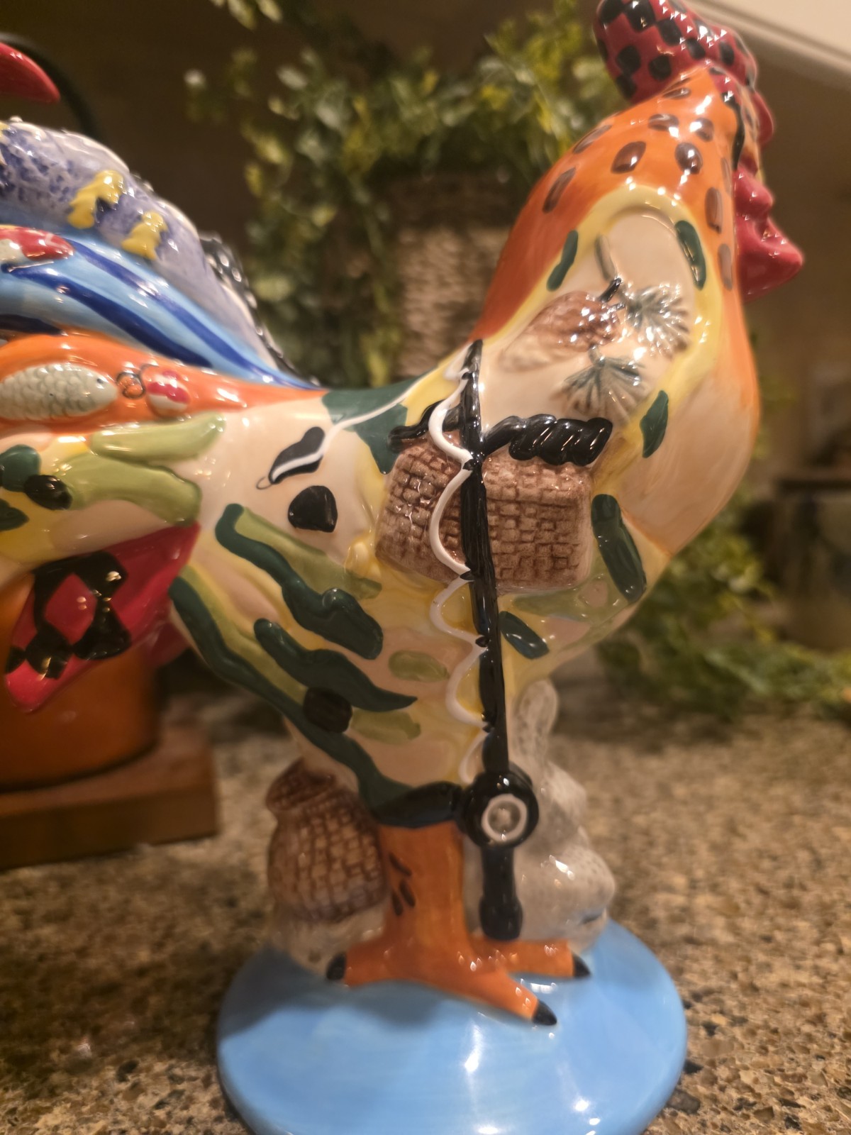 Rare Sharon Neuhaus Poultry In Motion Rocky Mountain Ceramic Rooster Fishing