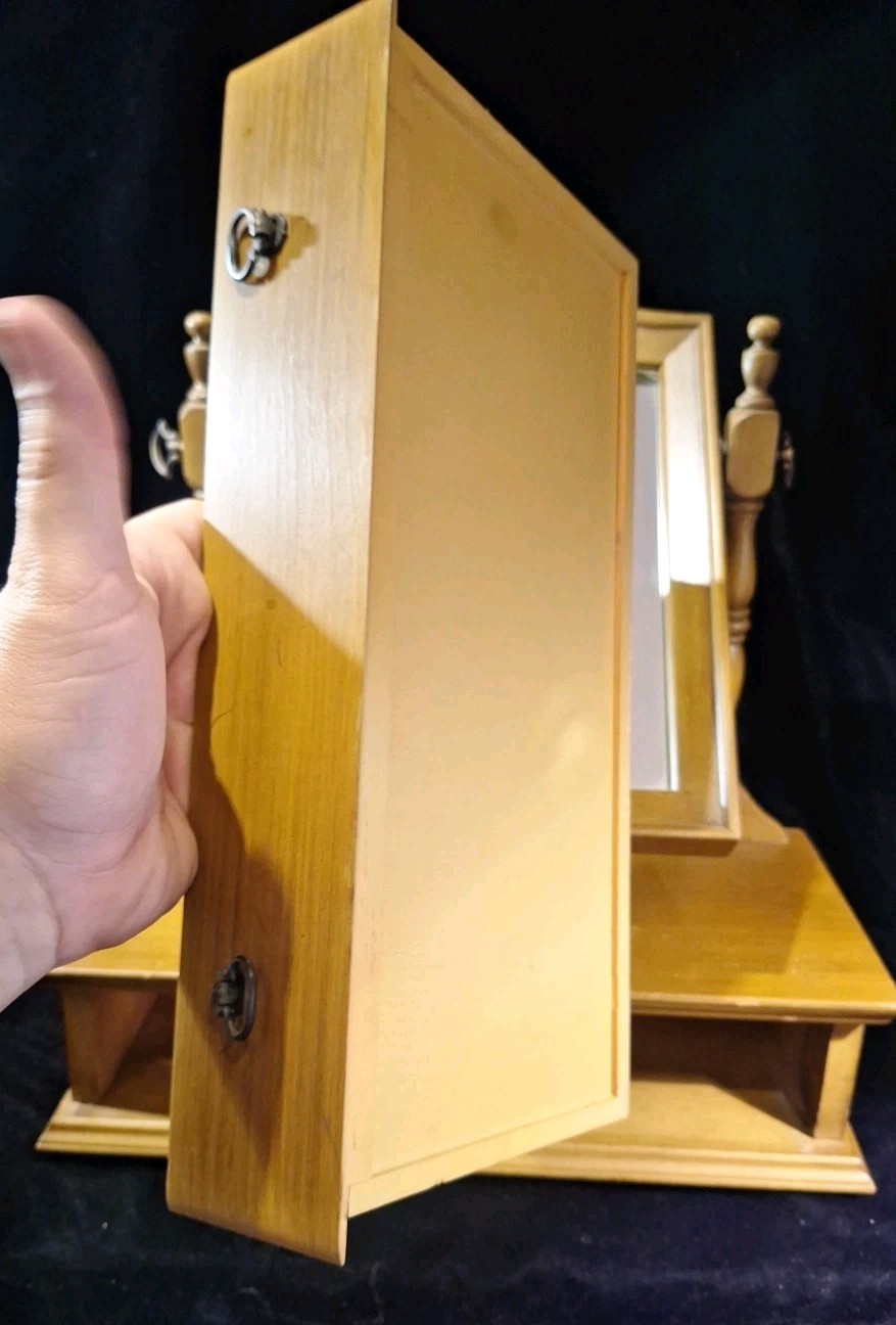 Antique Wood Tabletop Vanity Dressing Table Swivel Mirror with Storage Drawer