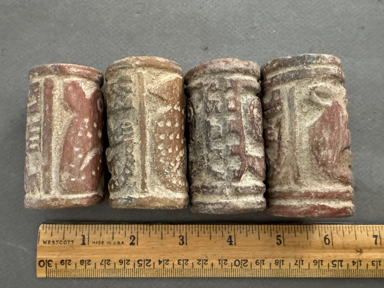 LOT OF 4 LATIN AMERICAN ANIMAL POTTERY CLAY ROLLER STAMPS CYLINDER SEALS ANTIQUE