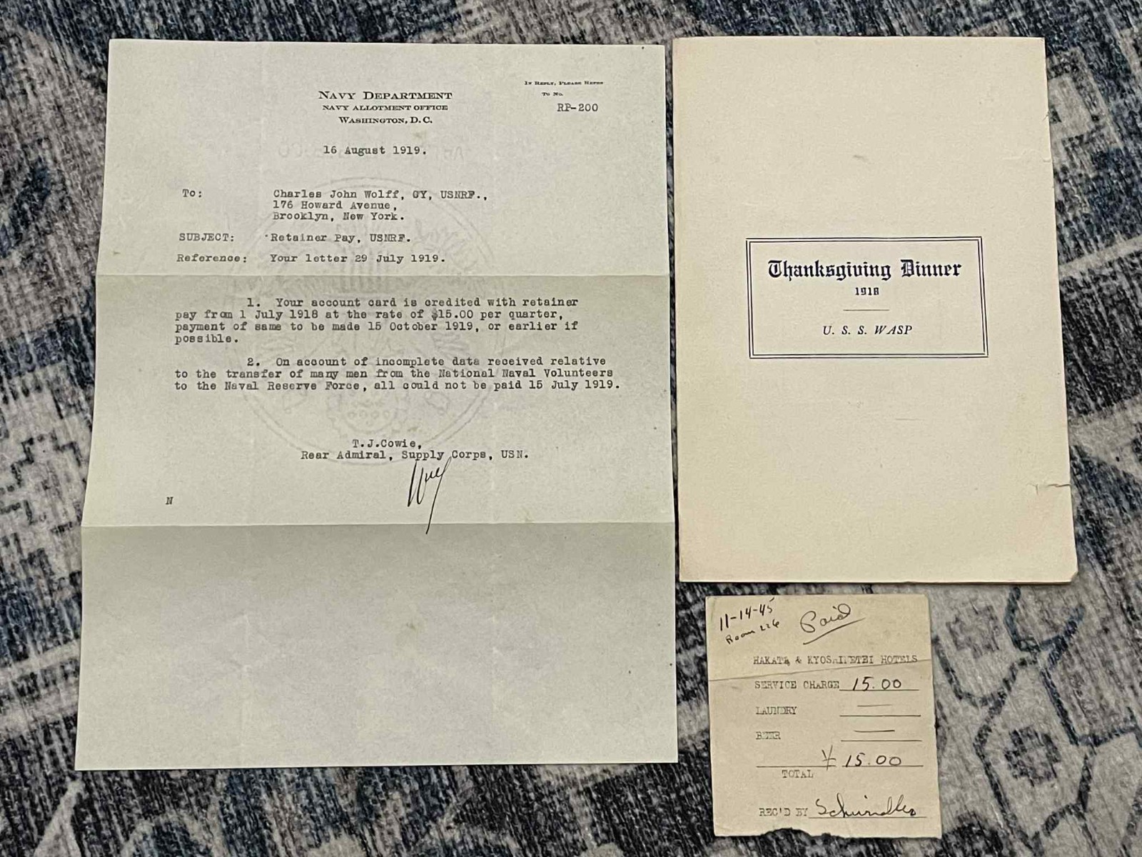 WW1 WWI US Navy USN USS Wasp Thanksgiving 1918 Menu Program + Document & Stub