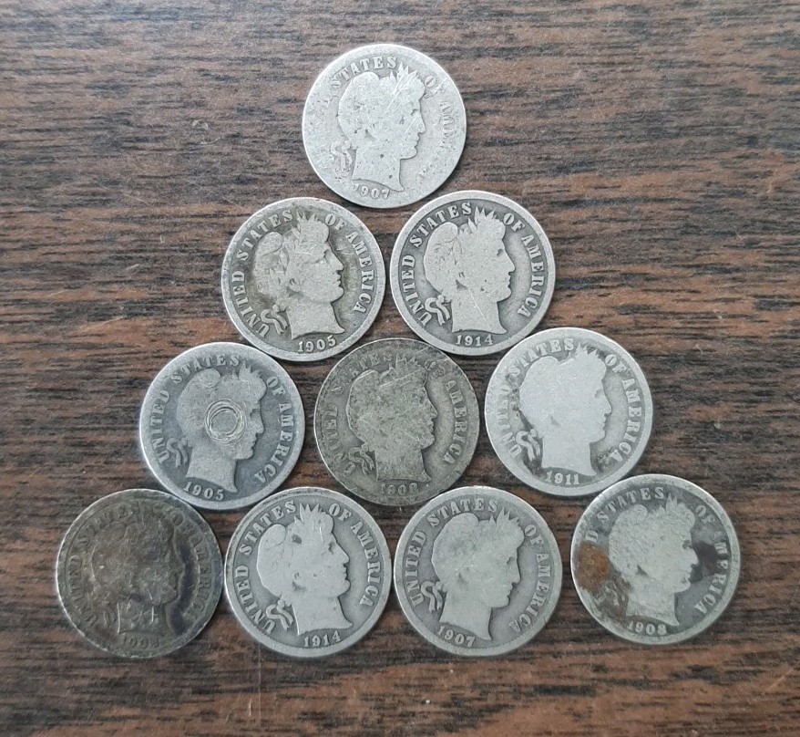 Lot Of 10 Barber Dimes - Various Dates & Mints - 90% Silver