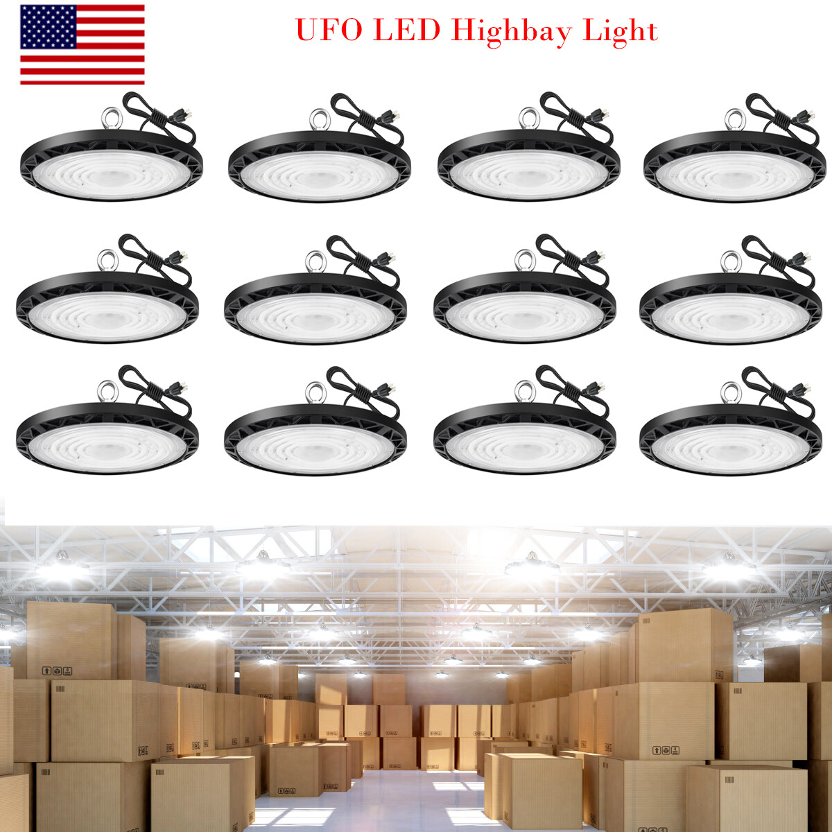 100W UFO High Bay LED Lights - 12 Pack, US Plug, Commercial Highbay Lighting
