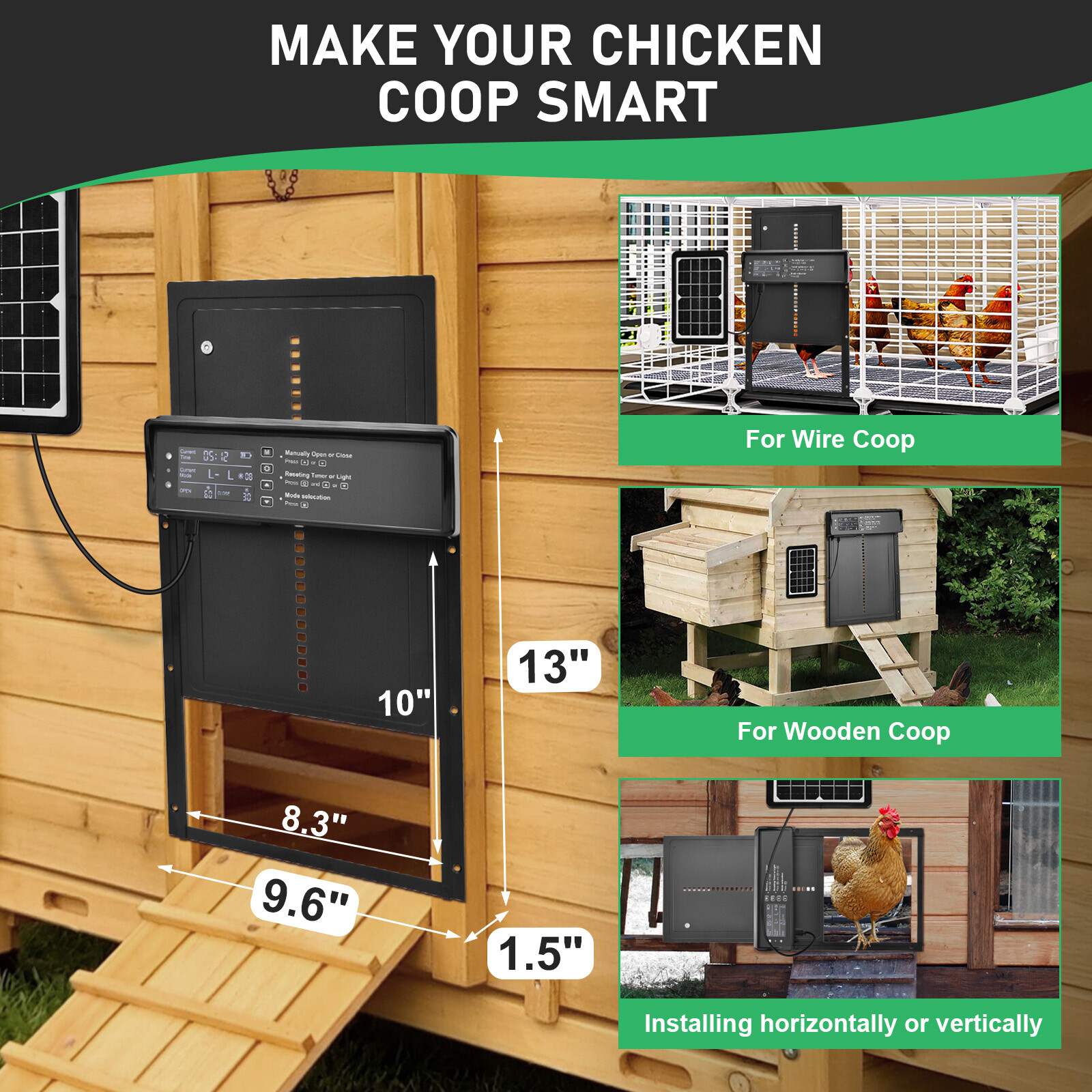 Solar Automatic Chicken Coop Door Opener with Timer Light Sensor Remote Control