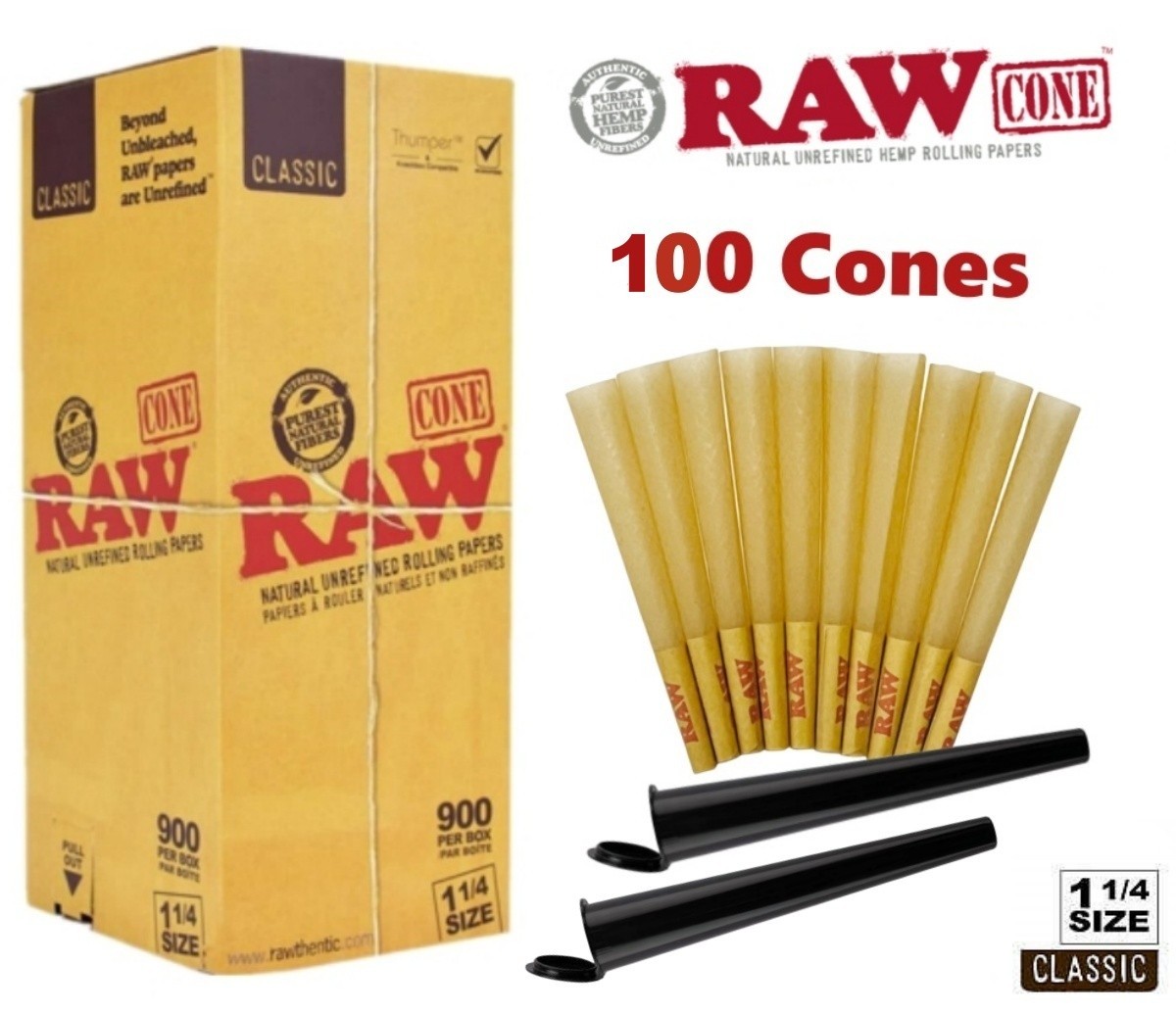 Authentic RAW Classic 1 1/4 Size Pre-Rolled Cones 100 Pack 🌟 2 Black Tubes