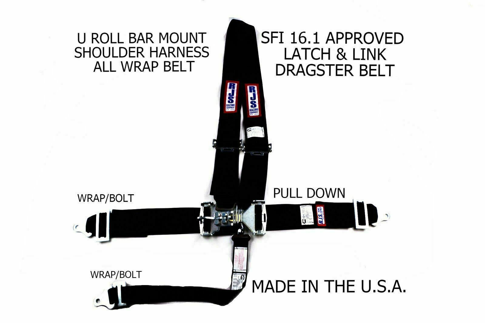 RJS SFI 16.1 LATCH & LINK HARNESS DRAGSTER U WRAP ROLL BAR 5 POINT BLACK 1125601