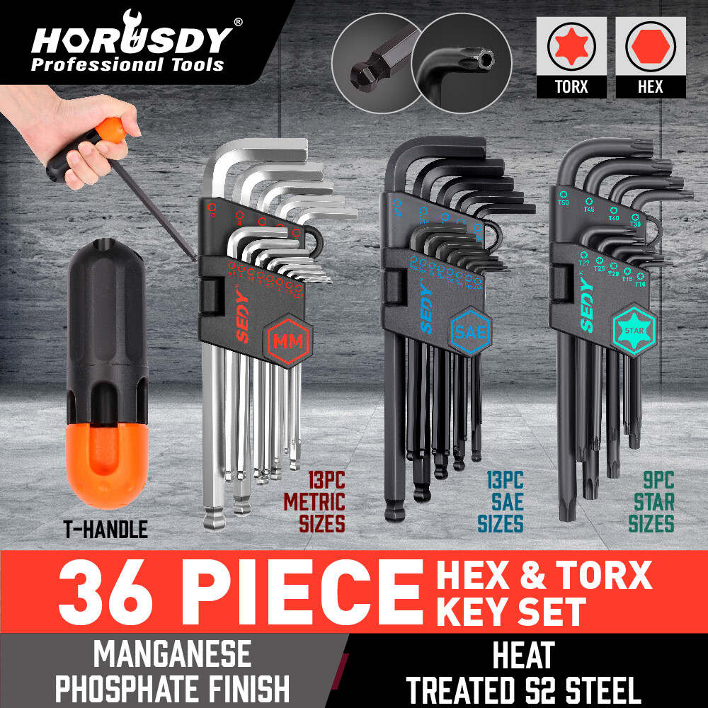 36 PC Long Arm Ball End Hex Key Allen Wrench Set Inch Metric Star With Bag Gift