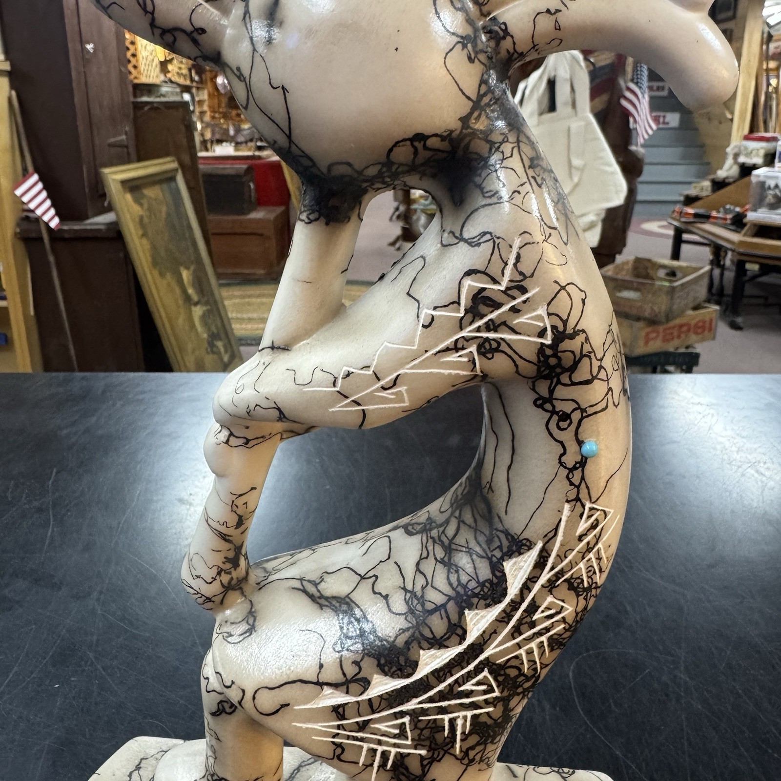 Native American Pottery Horse Hair Kokopelli Sculpture by Vail