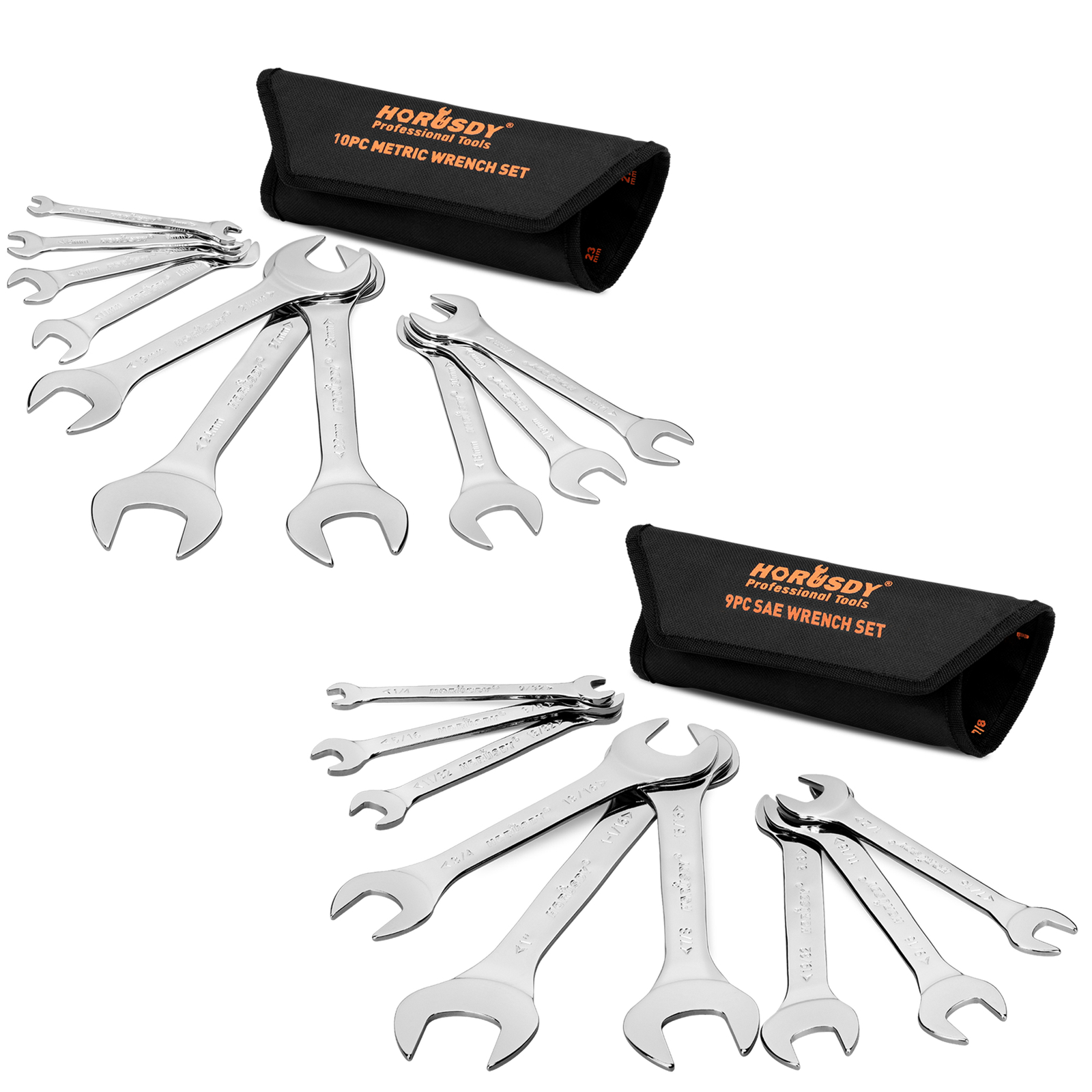 19PC SAE & Metric Thin Open End Wrench Set Bike Wrench Set W/ Rolling Pouch CR-V