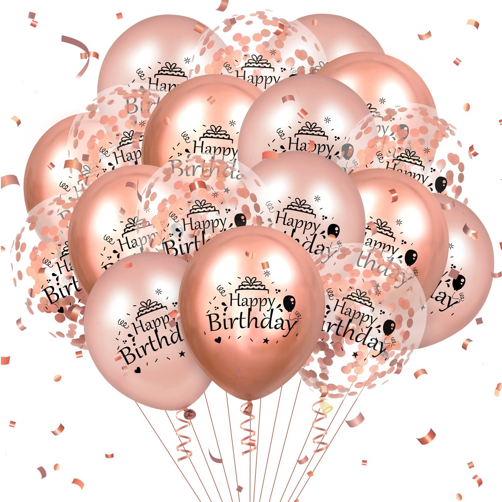 RUMIA Rose Gold Happy Birthday Balloons 18 Pcs 12 Inch Latex Confetti Balloon...
