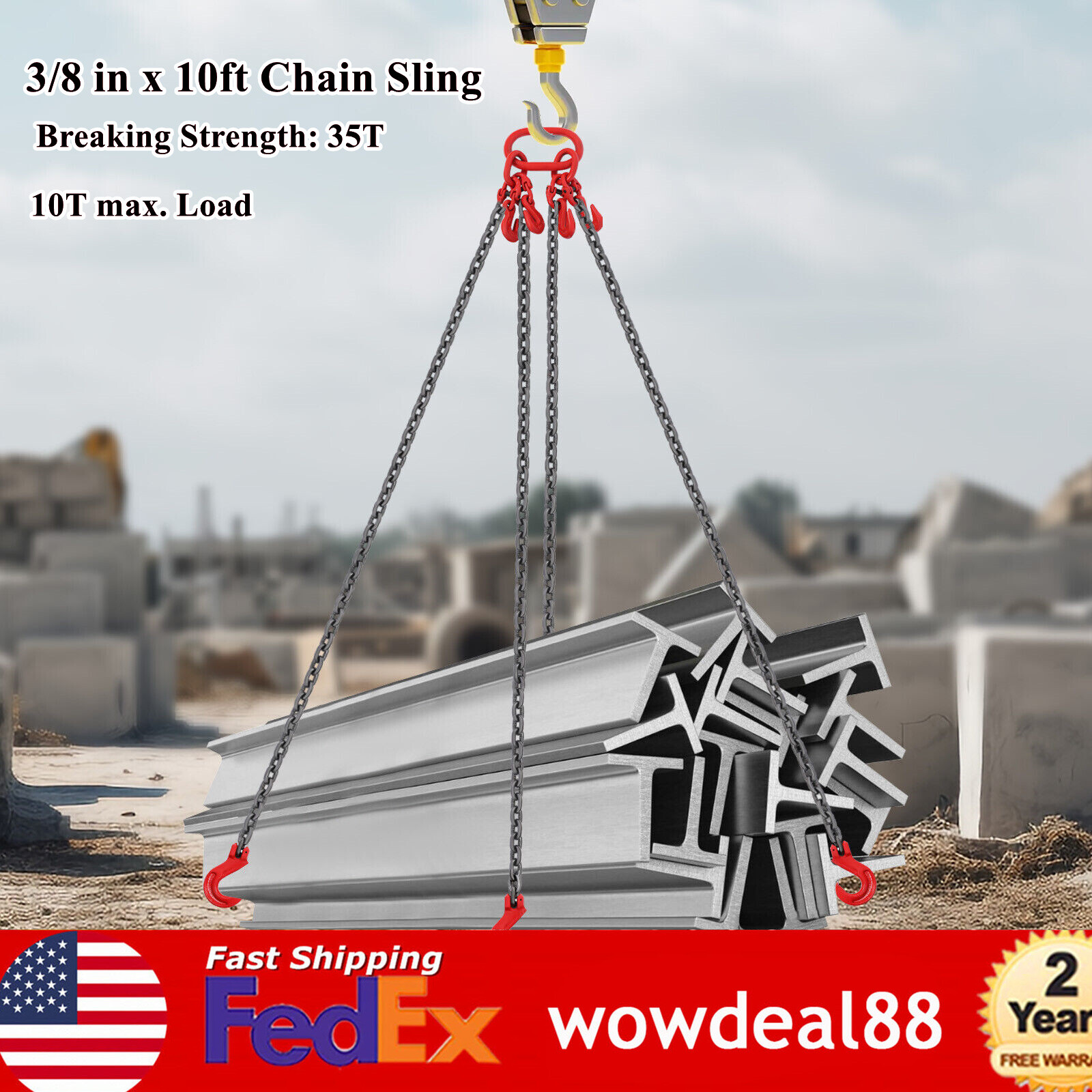 3/8 in x 10ft Chain Sling 4 Legs G80 Lifting Chain with Grab Hooks 22046.23lbs