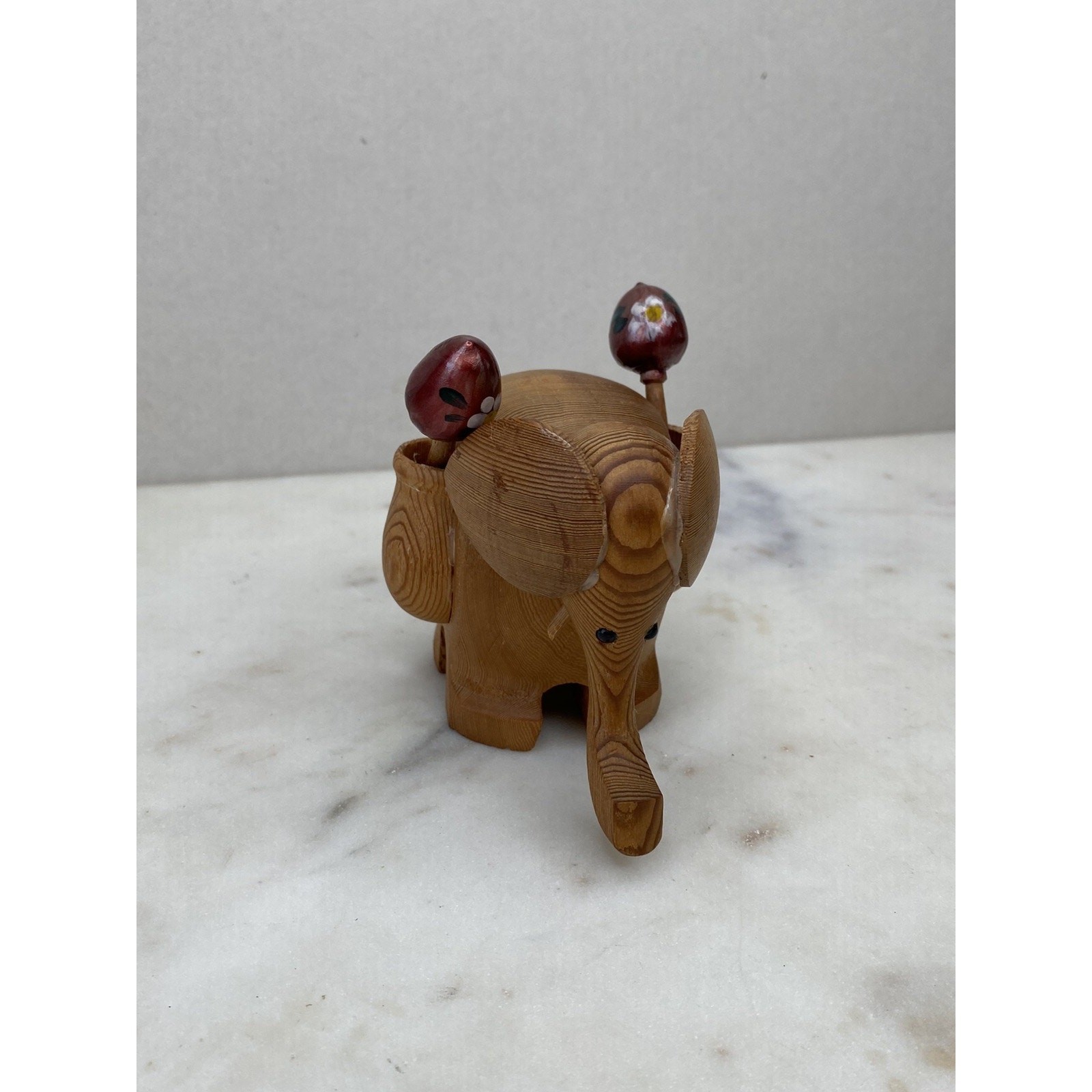 Hand Carved Wood Elephant Toothpick Holder Figurine Handpainted Maracas Trinket