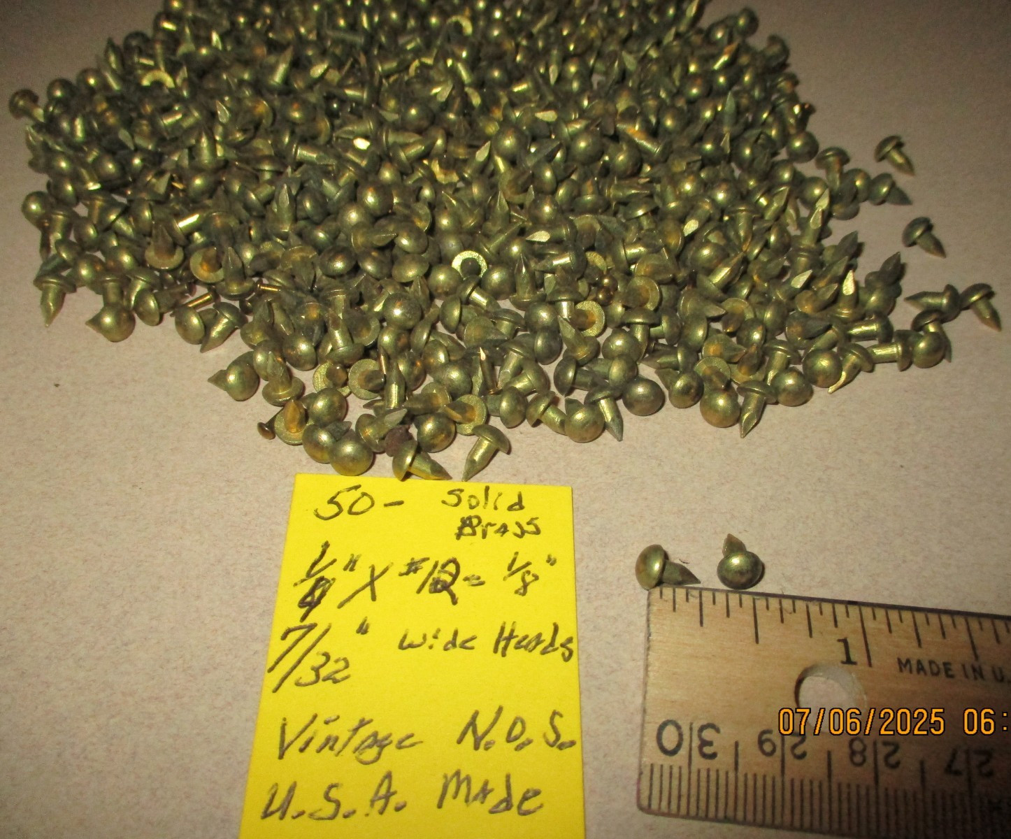 50--NICE VINTAGE 1/4" X #12, SOLID BRASS ESCUTCHEON PINS NAILS, ROUND DOME HEADS