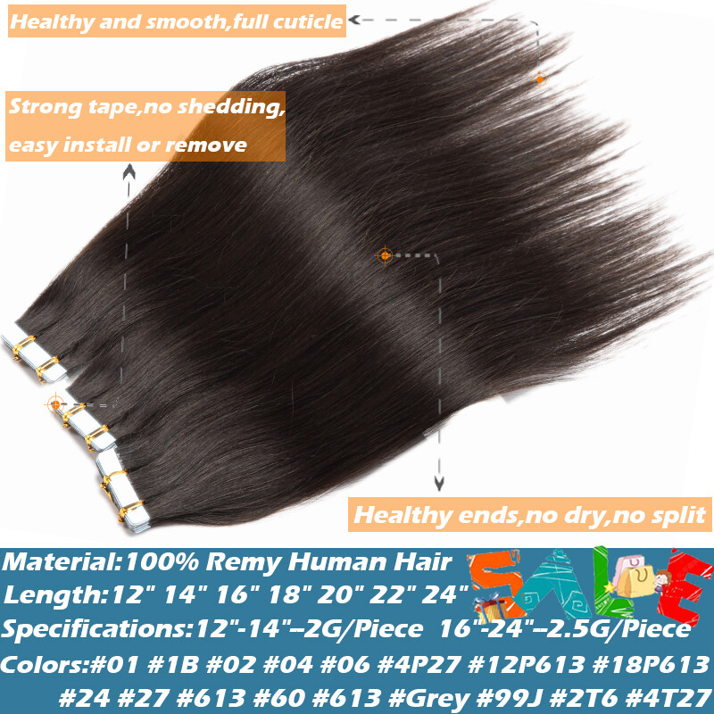 60PCS Tape-In Russian Remy Thick Human Hair Extensions Skin Weft Straight 150g F