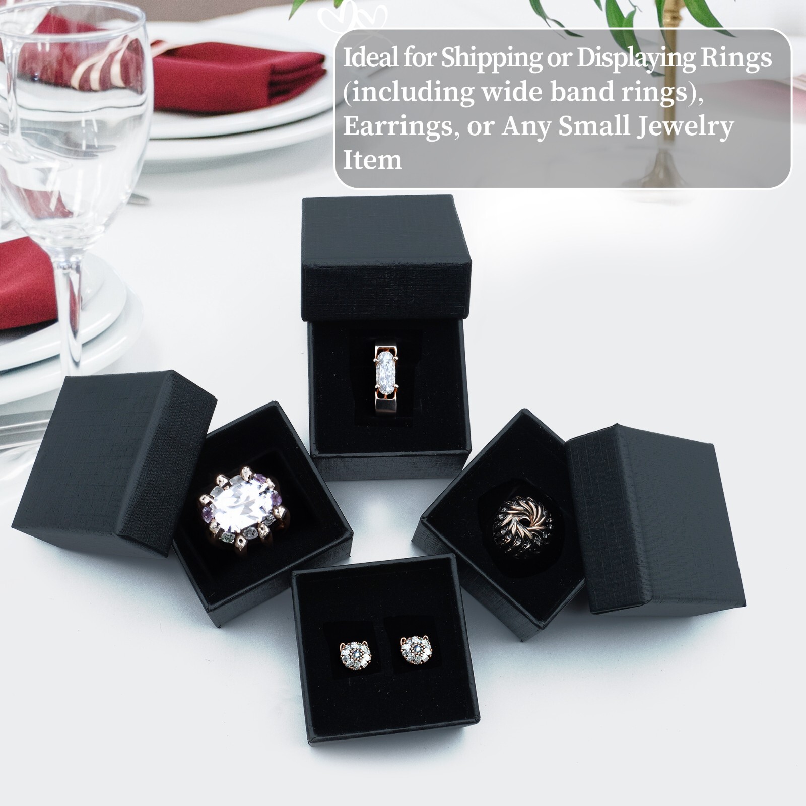 Wholesale Black Ring Gift Box with Foam and Velvet Insert 1.5 x 1.5 x 1.25 Inch