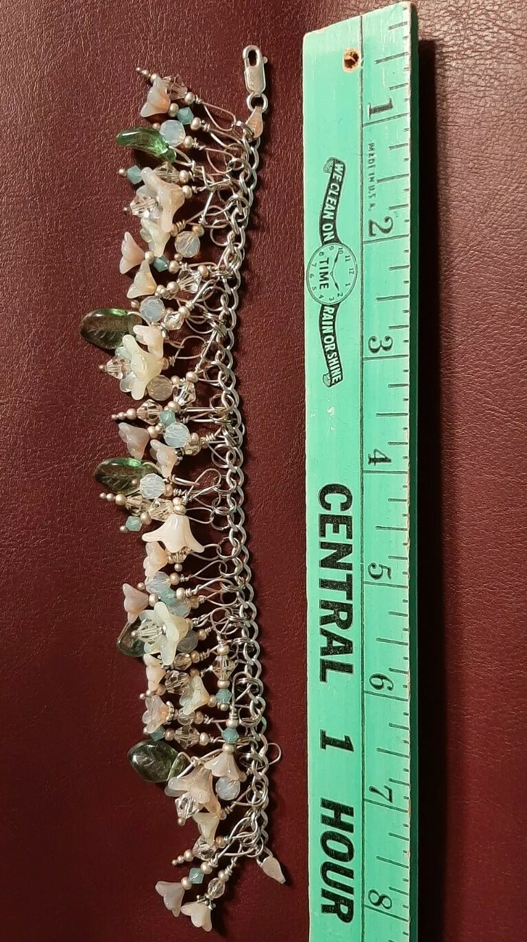 VTG Sterling Charm Braclet Pastel Dangle Opalescent Beads Flower Glass Lampwork
