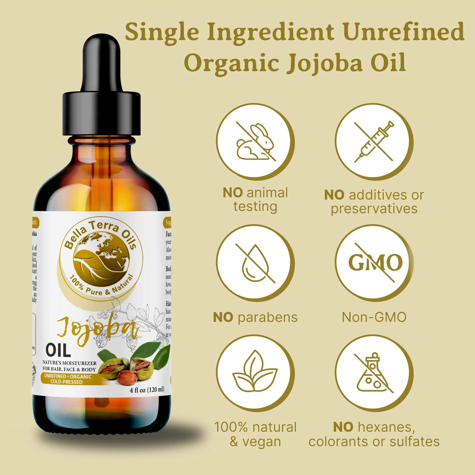 Organic Cold-Pressed Golden Jojoba Oil 100% Pure Skin Hair Face Moisturizer