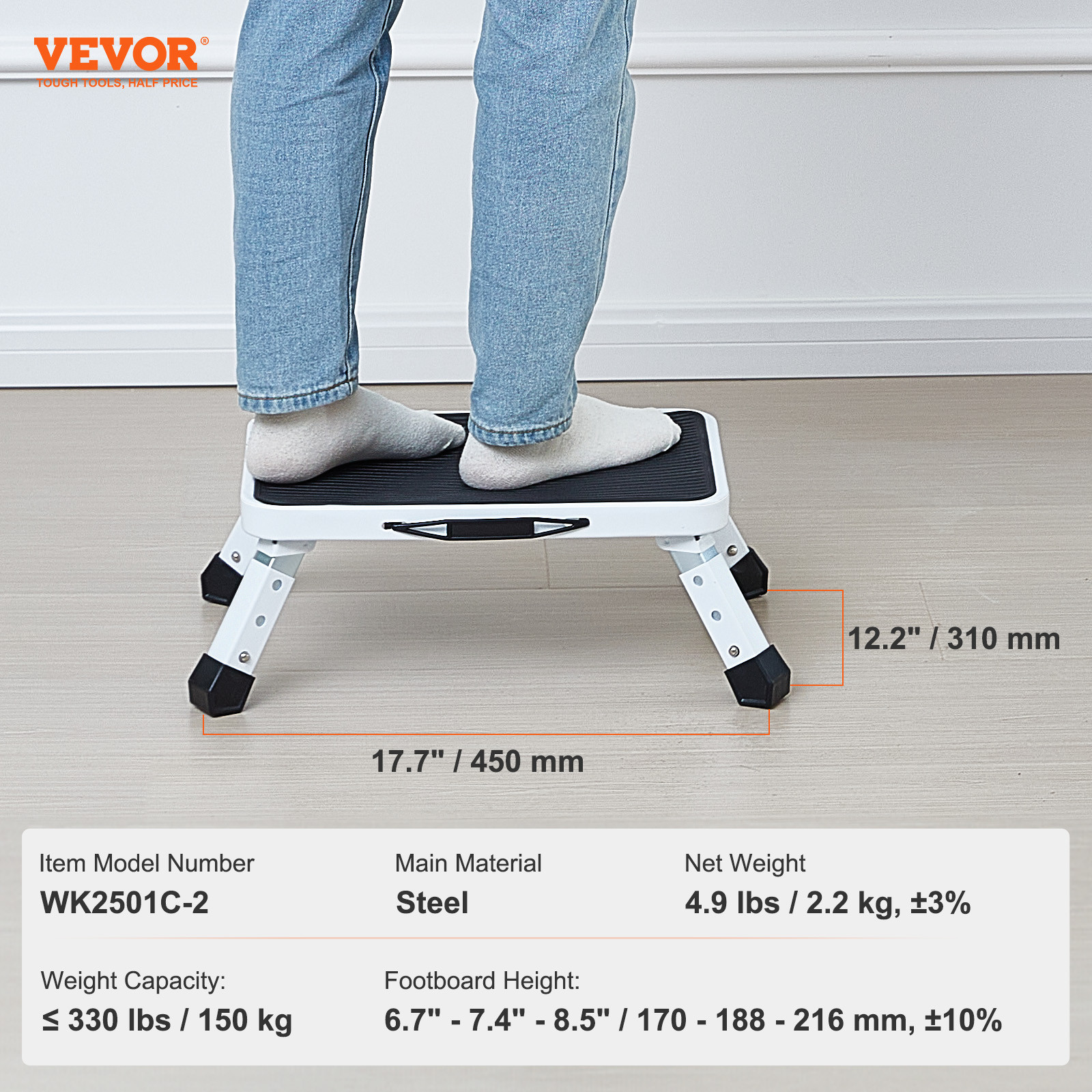 VEVOR Step Stool Ladder Foldable 3 Adjustable Height Max Load 330lbs for Home