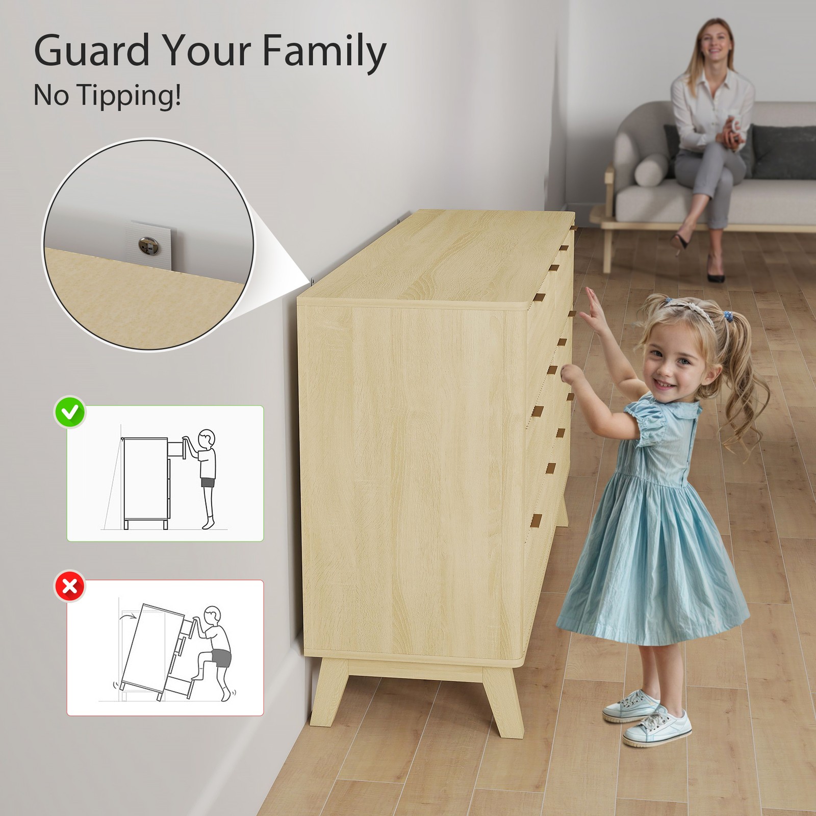 HOMCOM 6 Drawer Dresser for Bedroom, Fluted Chest of Drawers, Natural Wood