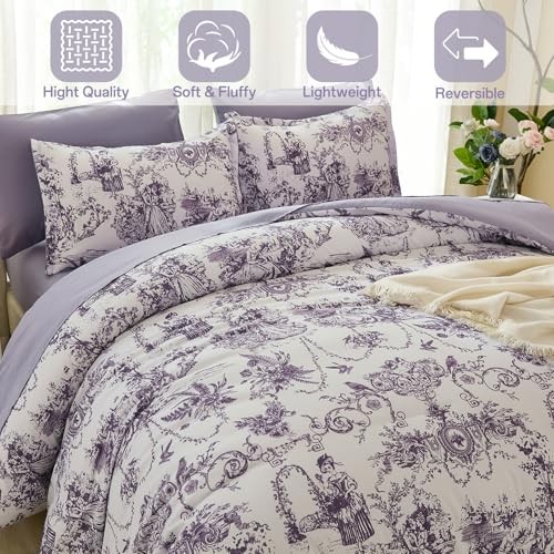 King Size Comforter Set 7 Pieces, Botanical Floral Bed King (90"x 104") Purple