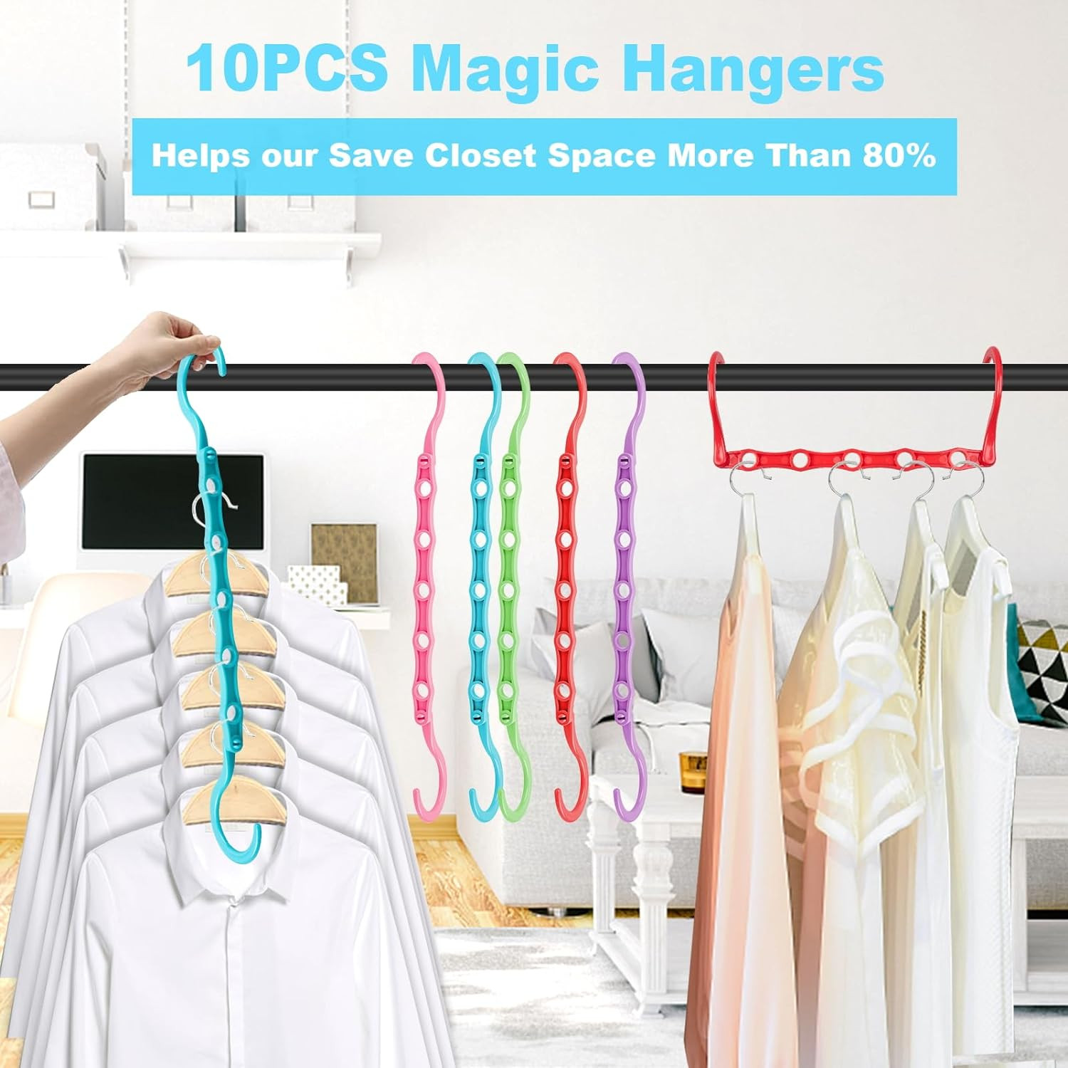 10 PCS Space Saving Hangers, 5-Hole Magic Hangers - Sturdy Plastic Hanger, Close