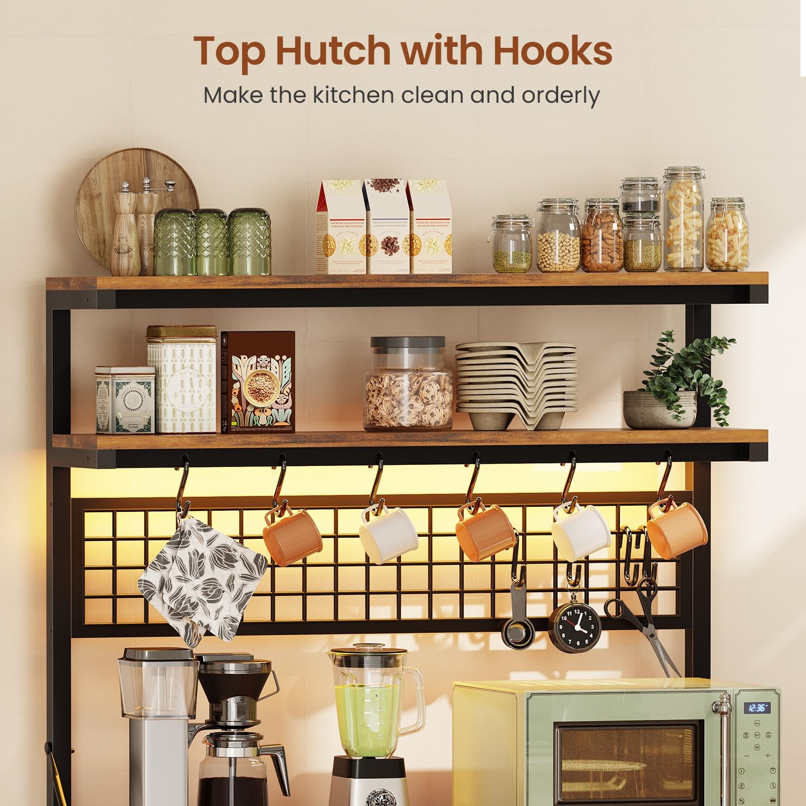 Bakers Rack with Storage and Power Outlet 35.4 inch Coffee Bar Cabinet