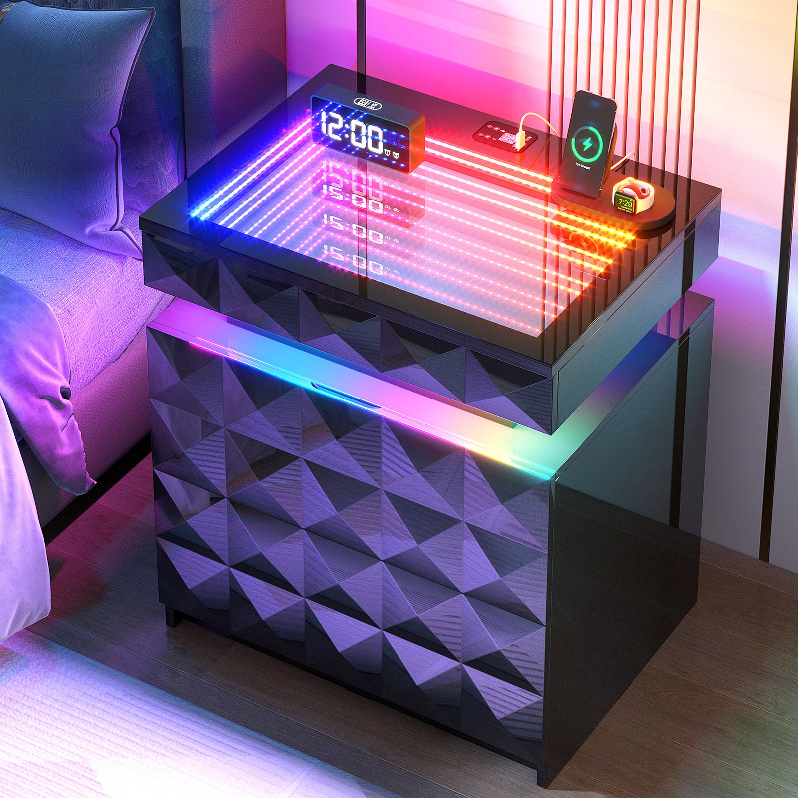 Gurexl Night Stand with RGB LED Light, Nightstand Tempered Glass and Sliding Top