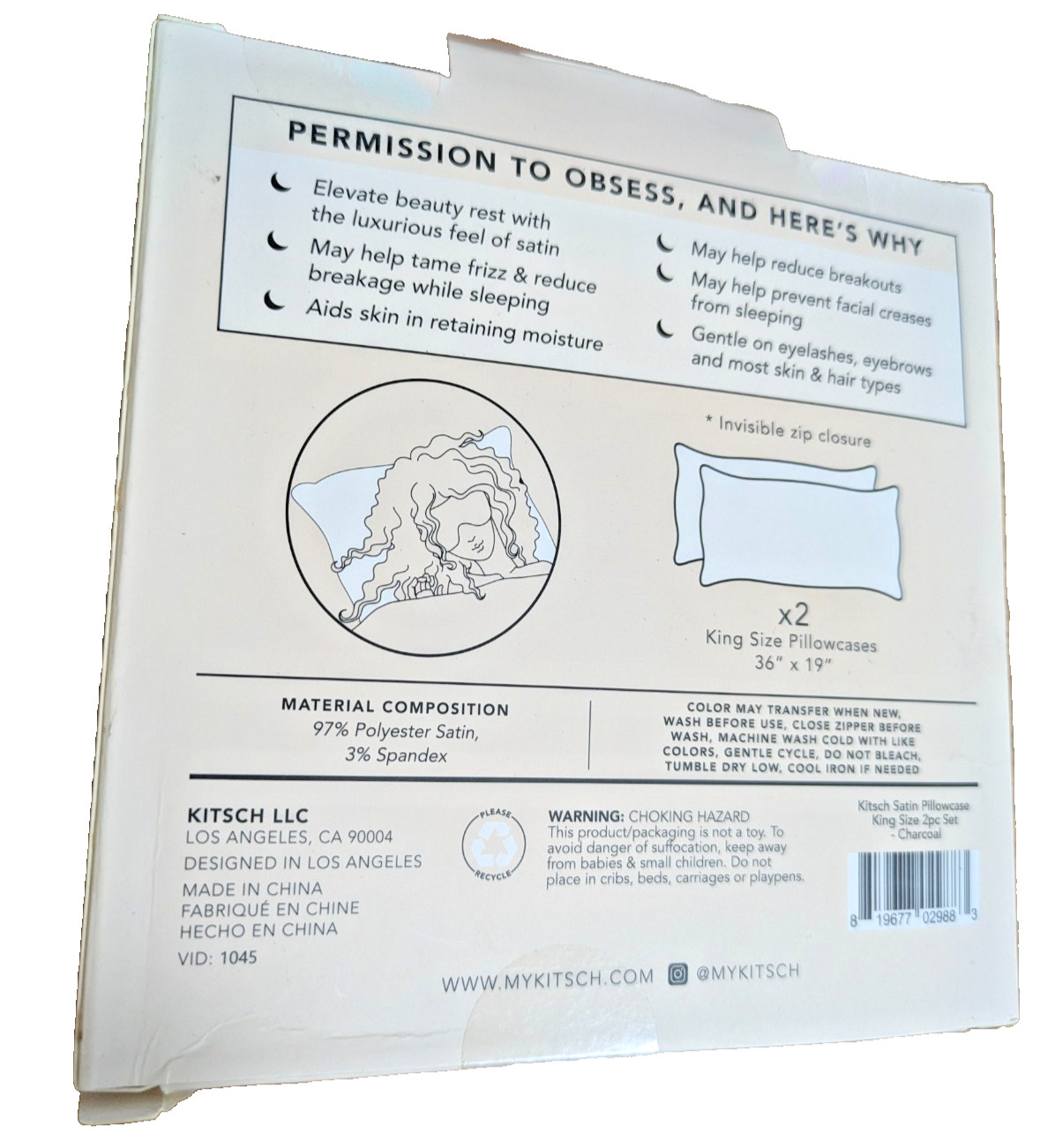 2 Pack Kitsch King Size Satin Pillowcases Classy Charcoal 36" x 19" So Soft