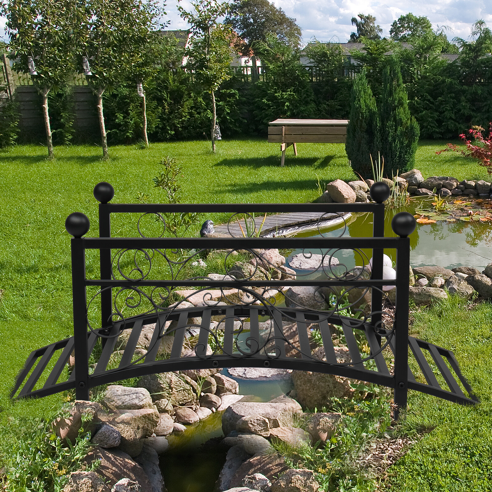 Outdoor Metal Garden Bridge with Security Guardrail for Patio Pond Backyard