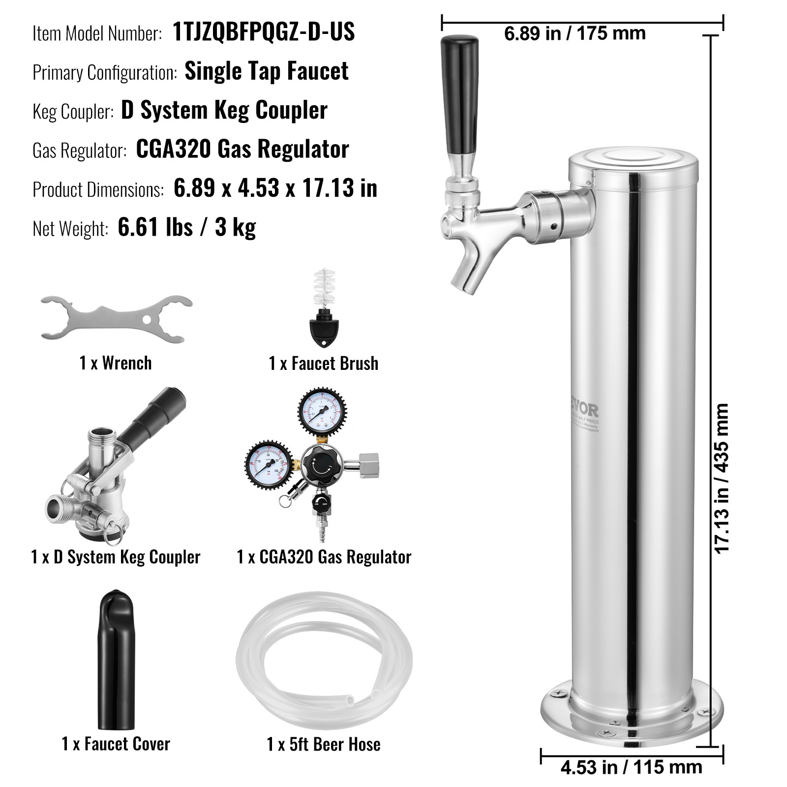 VEVOR Kegerator Tower Kit Single Tap Beer Conversion Kit with CGA320 Regulator