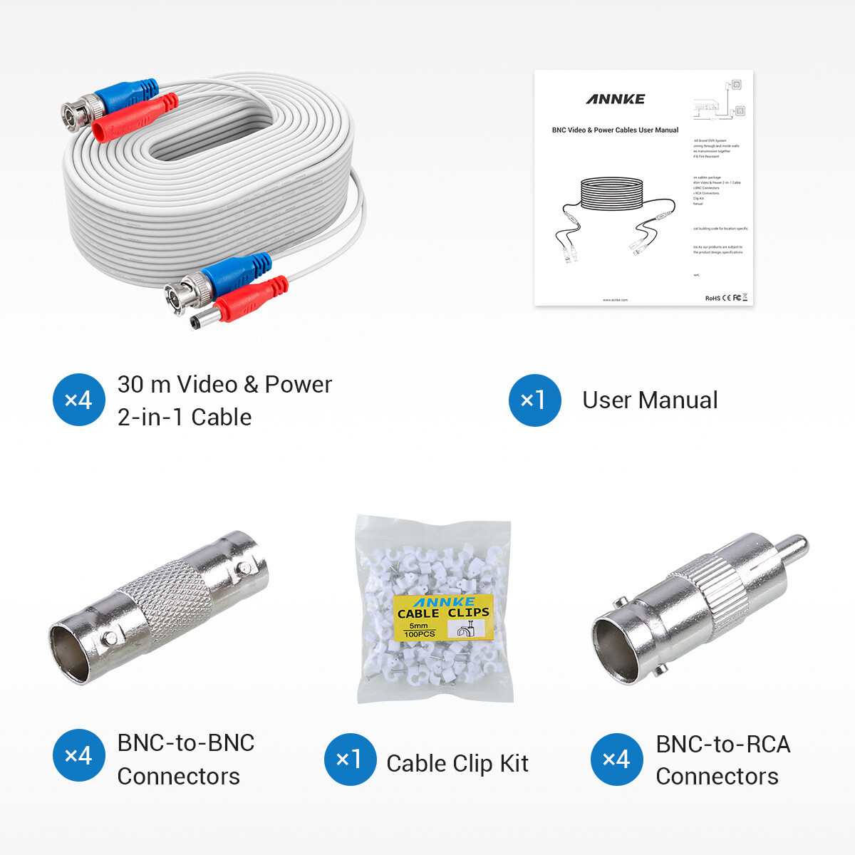 ANNKE 4x 100ft 30m Security Camera Video Power Cable BNC RCA CCTV Extension Cord
