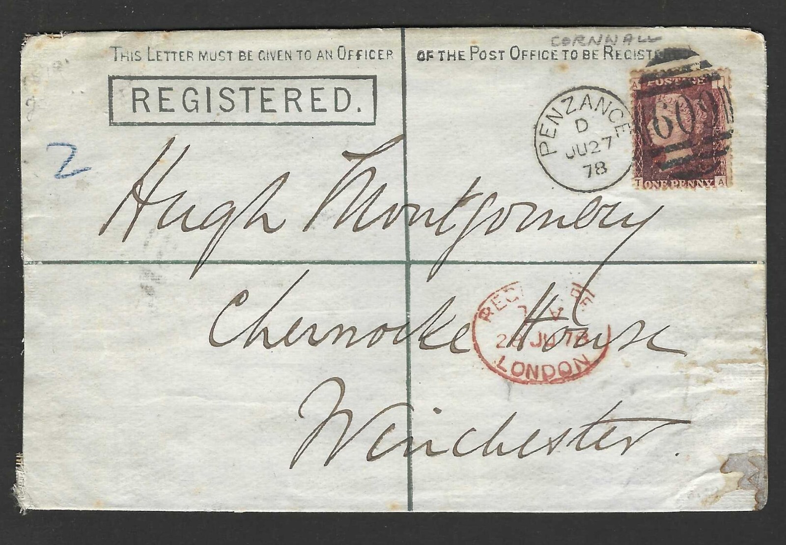 UK GB 1878 TYING ONE PENNY RED ON PREPAID REGISTERED TWO CENTS POSTAL COVER