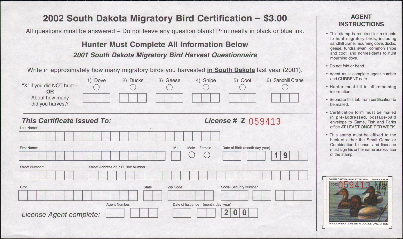 US state revenue-South Dakota MNH 2002 duck stamp with certification