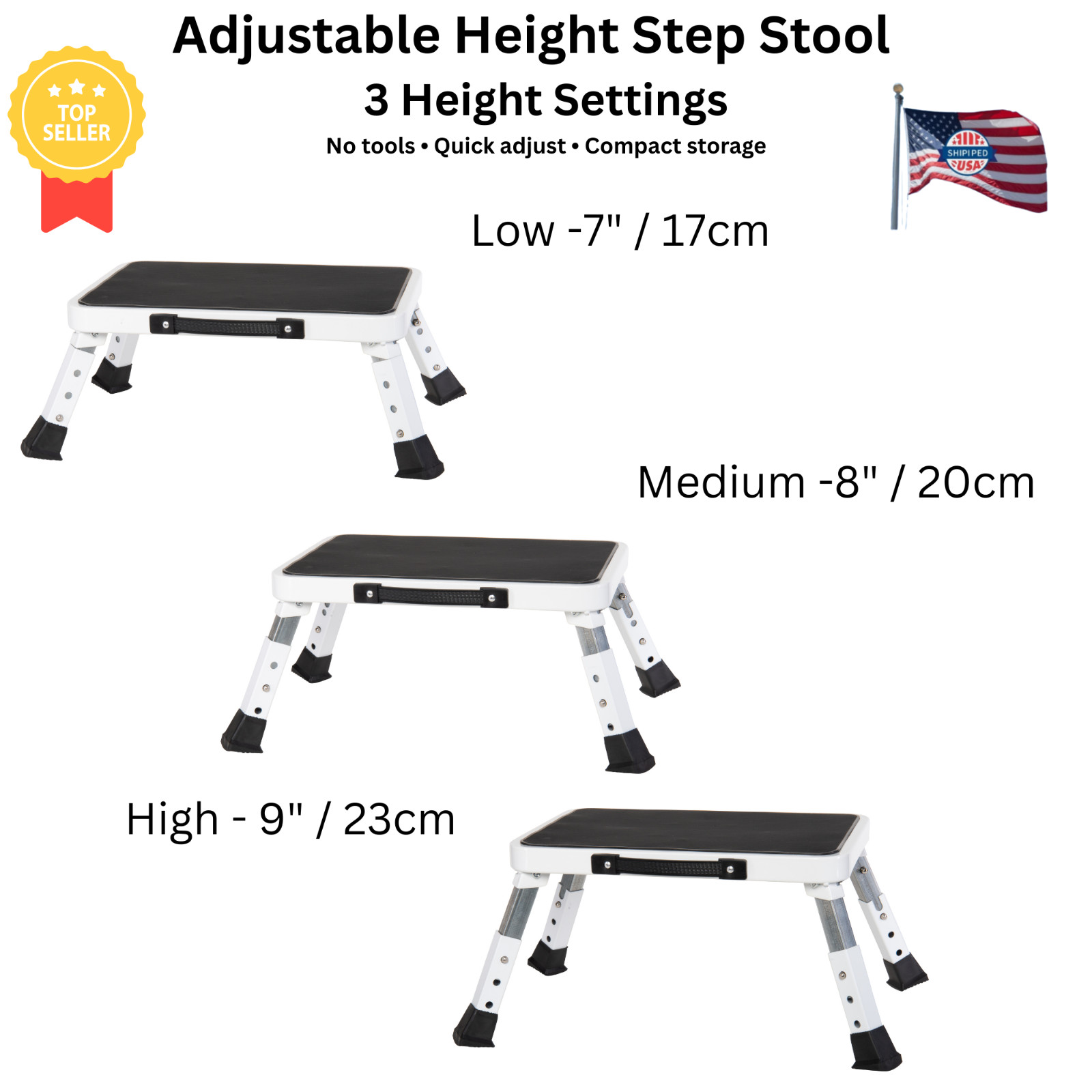 Adjustable Height Folding Step Stool – 3 Height Settings, Non-Slip, Portable