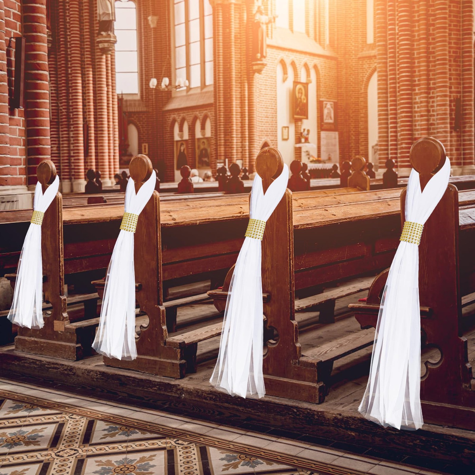 26 Large White Pew Bows Tulle Wedding Aisle Chair Decorations Gold Wrap