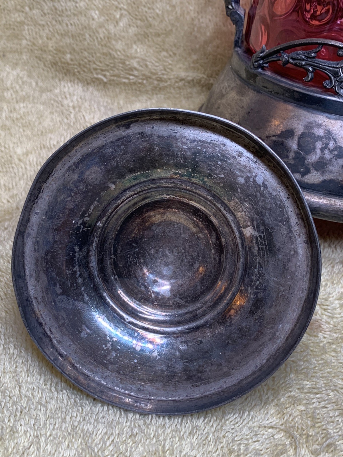 Antique Victorian Style Pickle Castor W/ Tongs Coin Dot Glass Cranberry Red