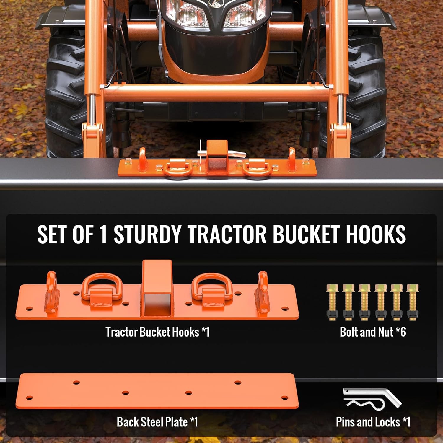 Bolt On Compact Tractor Bucket Grab Hooks with 2" Receiver and Back Steel Plate