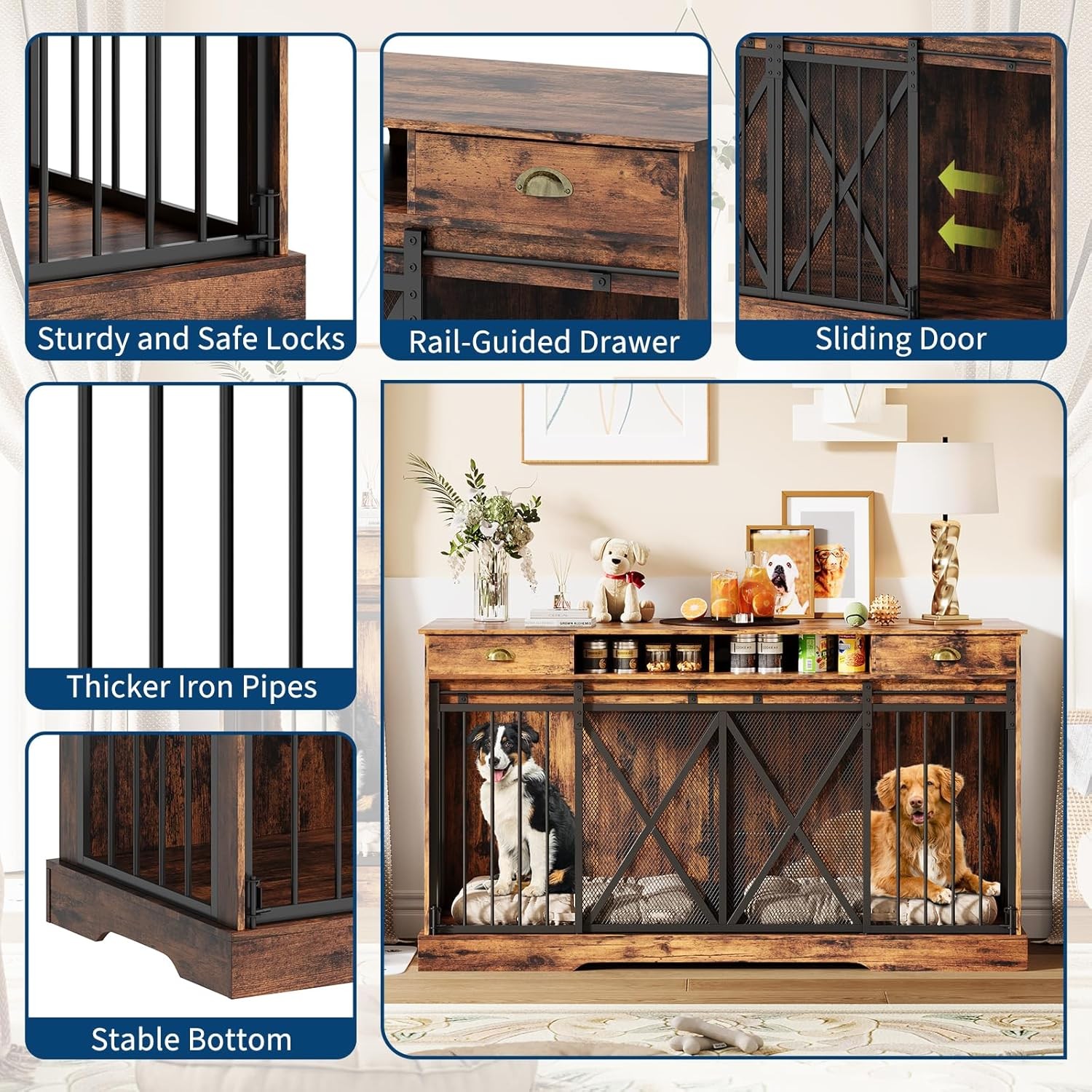 63 inch Wooden Double Dog Crate Dog Kennel Furniture TV Stand w/Divider& Drawers