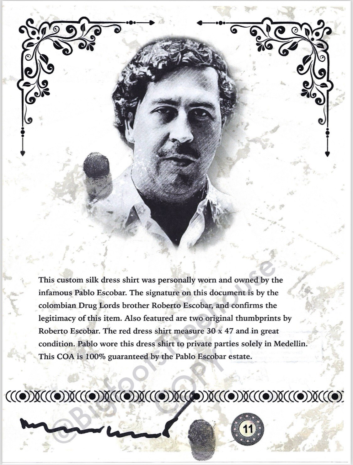 Pablo Escobar Personally Worn Shirt Authentic Remnant COA True Crime