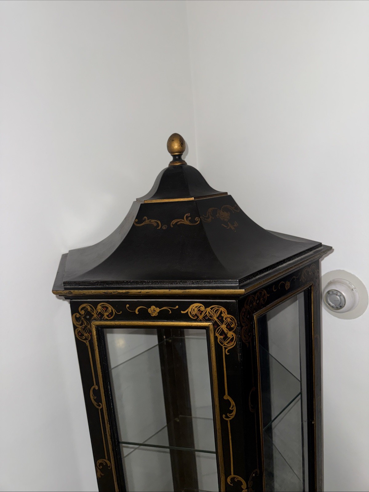 Vintage Chinoiserie Black Lacquered Hexagon Pagoda Curio Cabinet. Made In Italy